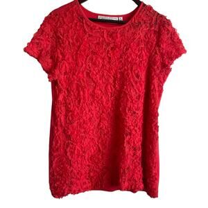 SimontonSays Women Top M Coral Mixed Media Fabric Floral Lace Front Grandmacore‎